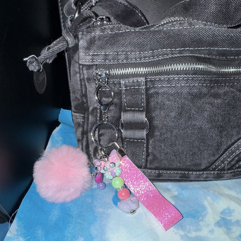 Pink Glitter Wristlet Strap Key Chain/Bag Charm w/Butterfly Beads & Pom Pom gallery