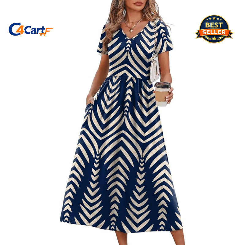 Womens Summer Flowy A-Line Midi Dress Casual Beach Sundress w/ Pockets