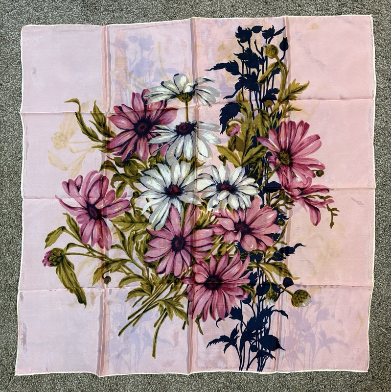 Polyester Twill Square Scarf Pink Multicolor Floral Hand Rolled Made in Japan