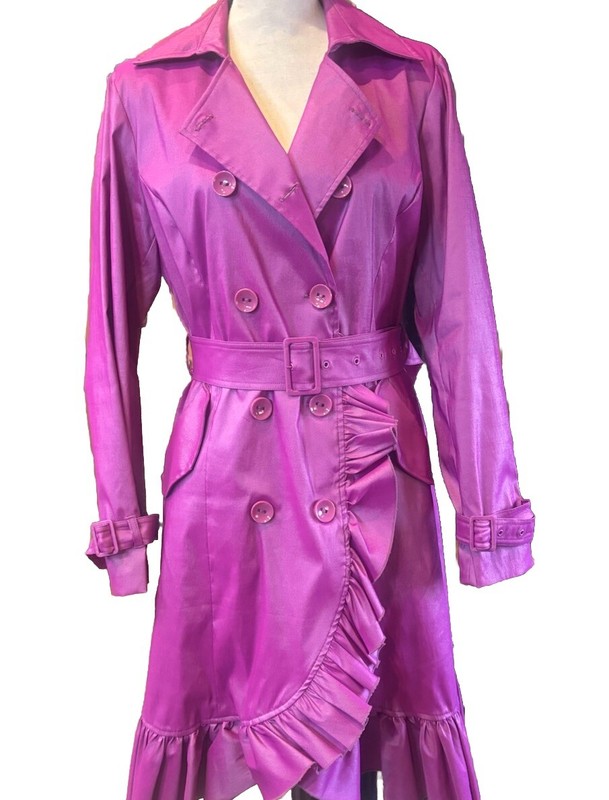 👠🧥🩷💜 Samuel Dong Iridescent Pink Purple Long Sleeve Ruffled Trench Coat Sz L