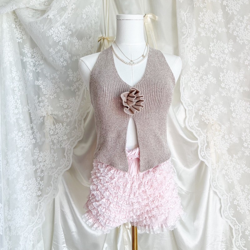 Beige Rosette Halter Sweater Tank Soft Girl Balletcore Top