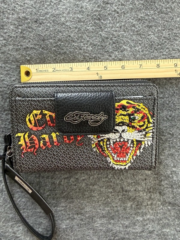 Ed Hardy Tiger Logo Rhinestone Wallet Clutch Wristlet Black 7.5 X 5 Inches NWT gallery