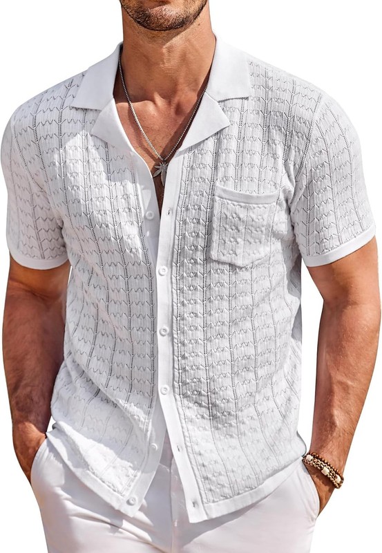 Coofandy Men’s Knit Button Down Classic Solid Mens Shirt Short Sleeve Vintage