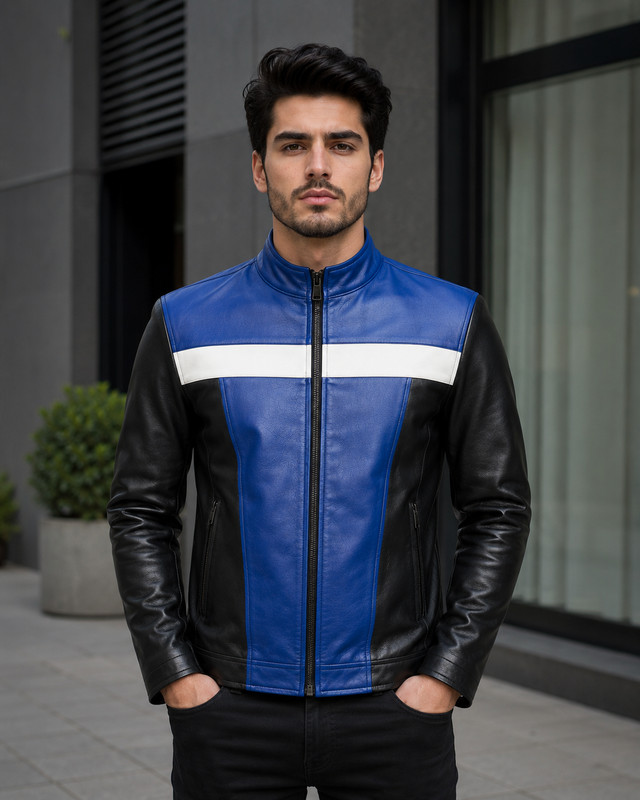 Cafe Racer Biker Leather Jacket Black & Blue Soft Sheep Skin Leather