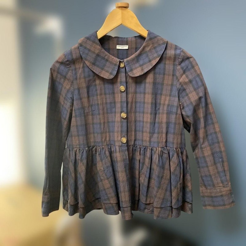 Charles Anastas Checkered Ruffle Shirt with Smiley Buttons – Size S