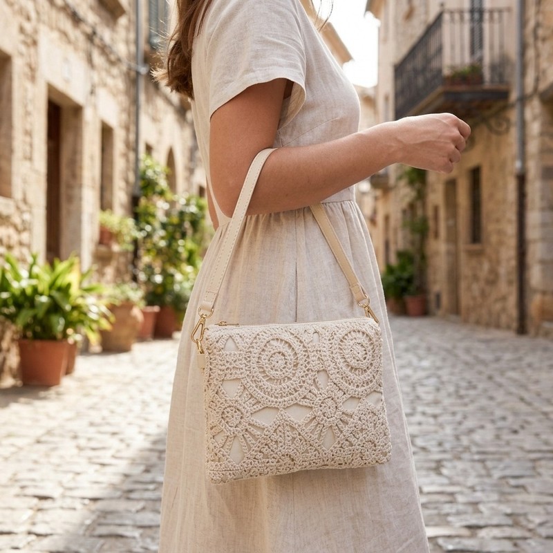 Khaki & Off-White Boho Crossbody Bag | 21x16cm Lightweight Small Purse gallery
