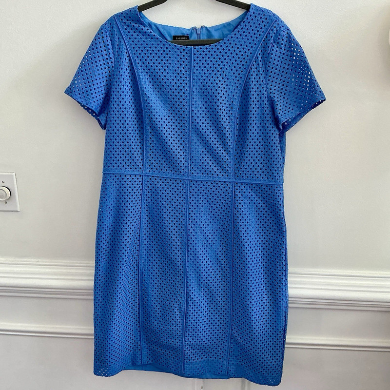 Talbots Blue Lace Sheath Dress Size 18 Scoop Neck Short Sleeve Knee Lined Zip