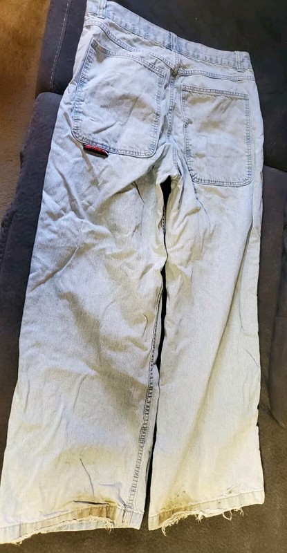 90's Vtg Side Stripe JNCO SKUNK Blue Denim Wide Leg Jeans Men 16 Waist 42 Length gallery