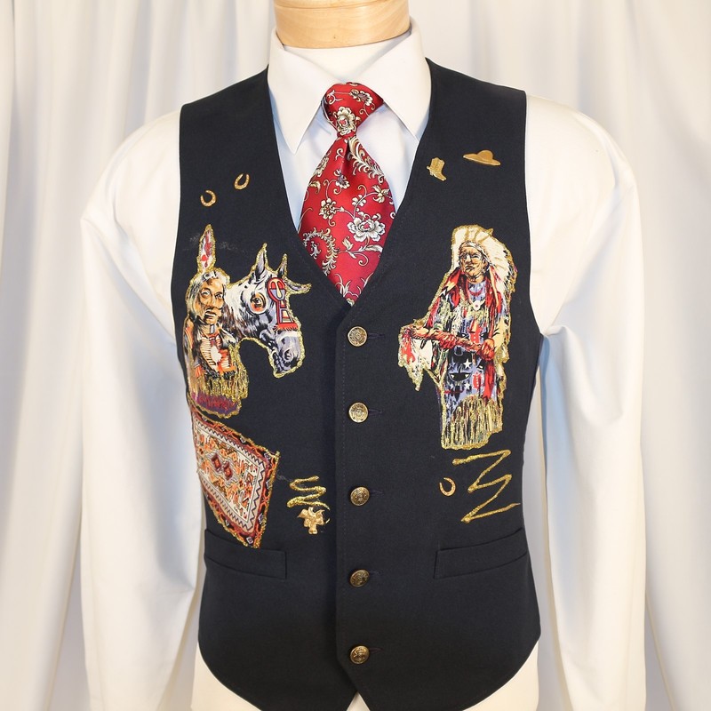 Handcraft Navajo Navy Blue Multicolor Polyester Men Waistcoat Vest Size M