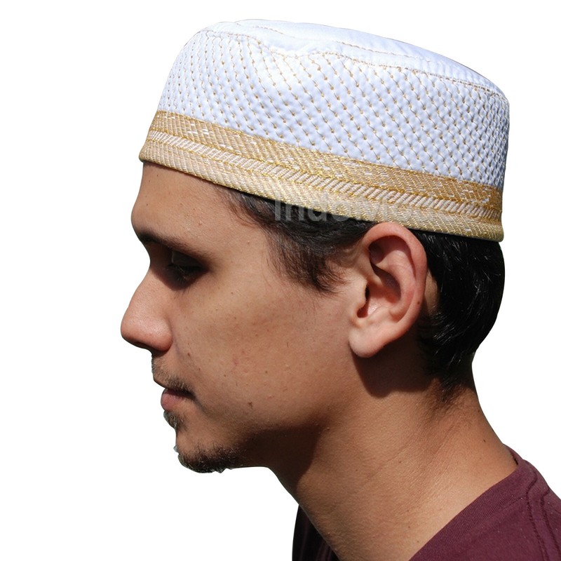 White Metallic Gold-tone Thread Islamic Padded Embroidery Kufi Hat Cap TheKufi®