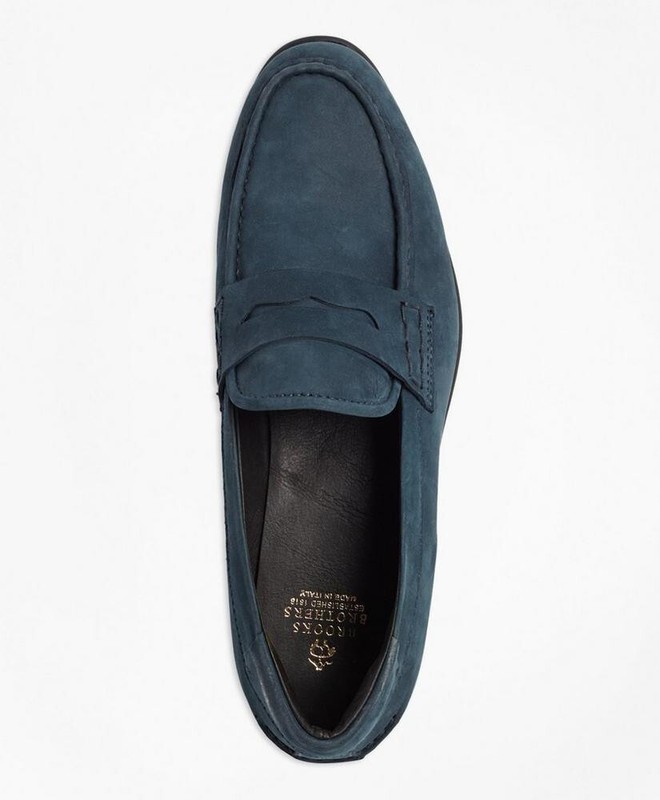 NIB-BROOKS BROTHERS 1818 Navy Suede Penny Loafers 7-1/2D-Rubber Soles-MSRP $298