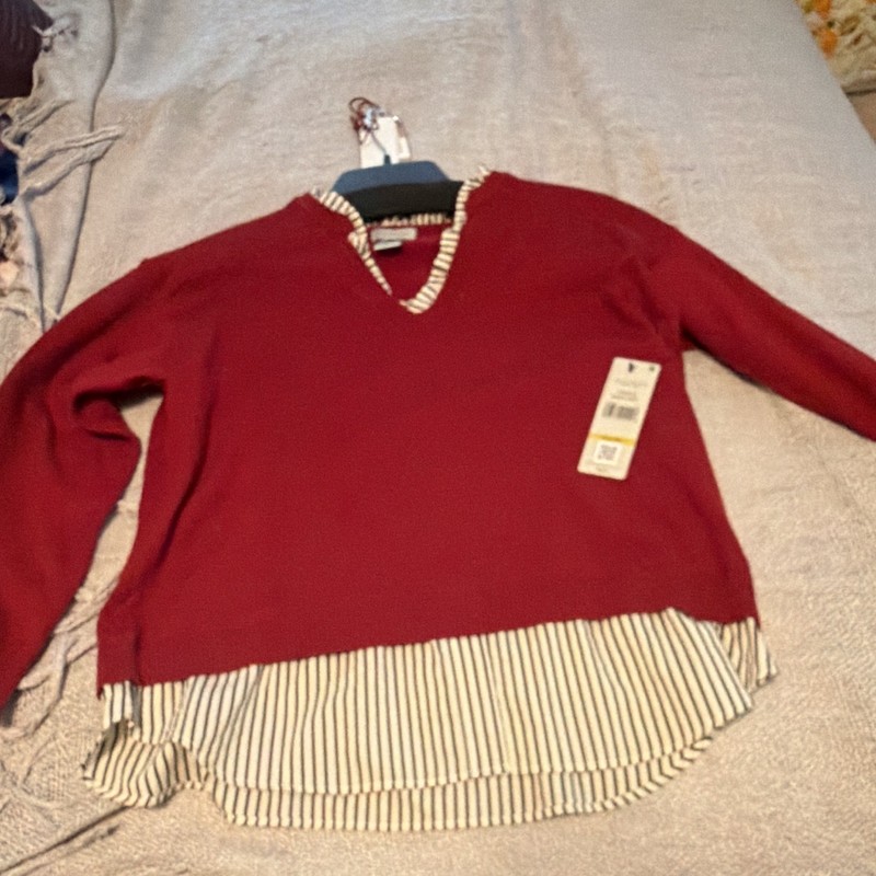 Multiples Women’s Petite PM Red V-Neck Ruffle Striped Hem Knit Pullover MPN