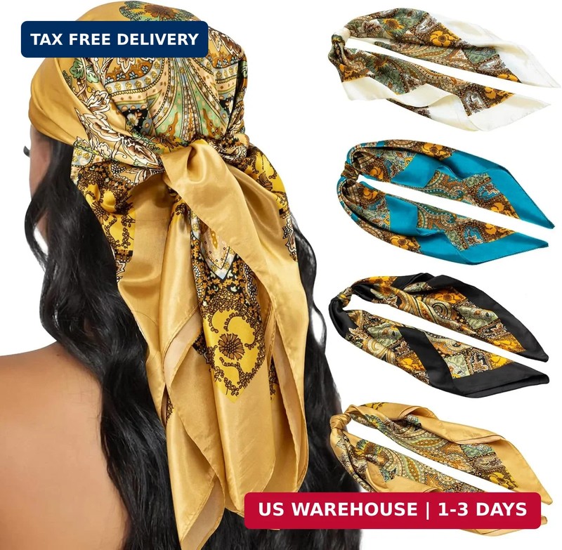 HBselect 4PCS Head Scarf for Women 35″ Head Scarves Silk Like Satin Neck Scarfs
