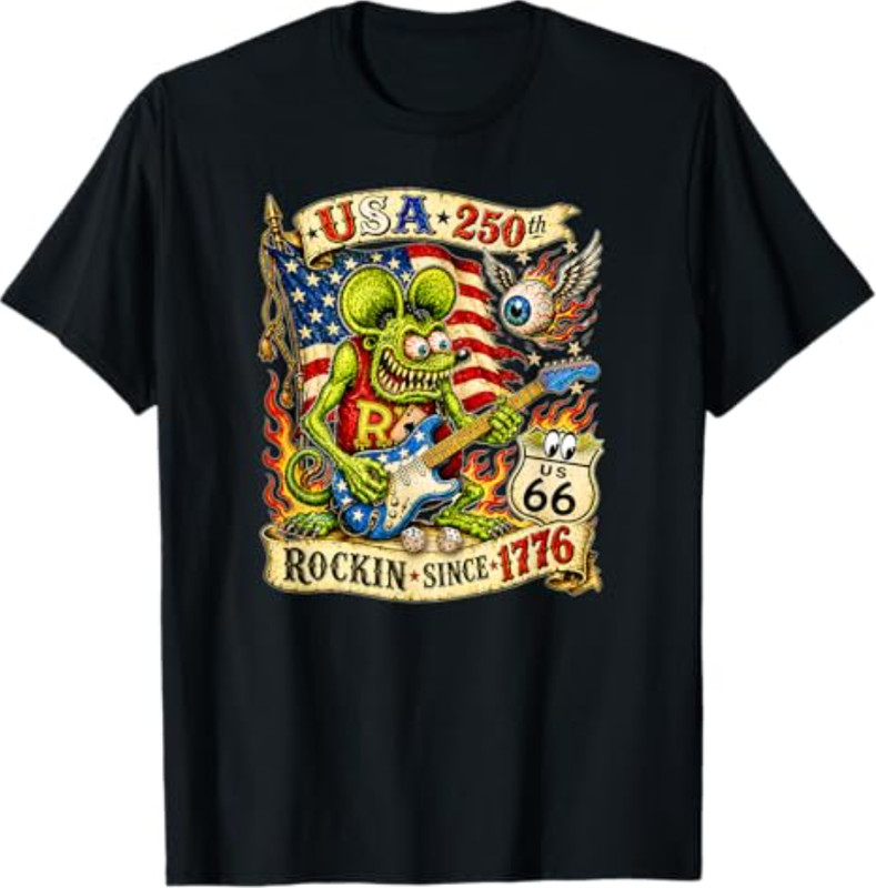 USA 250th Rat Fink US Highway 66 Guitar Flag Dice Ace Retro T-Shirt