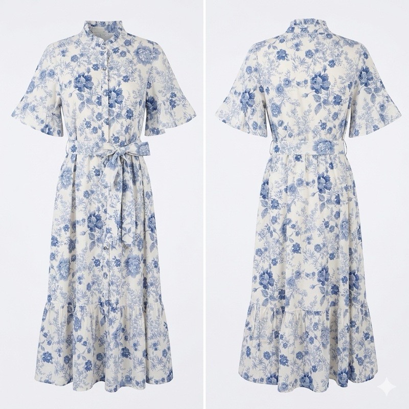 SHE + SKY Dress L Blue Cream Floral Toile Print Smocked Midi Peasant Cottage
