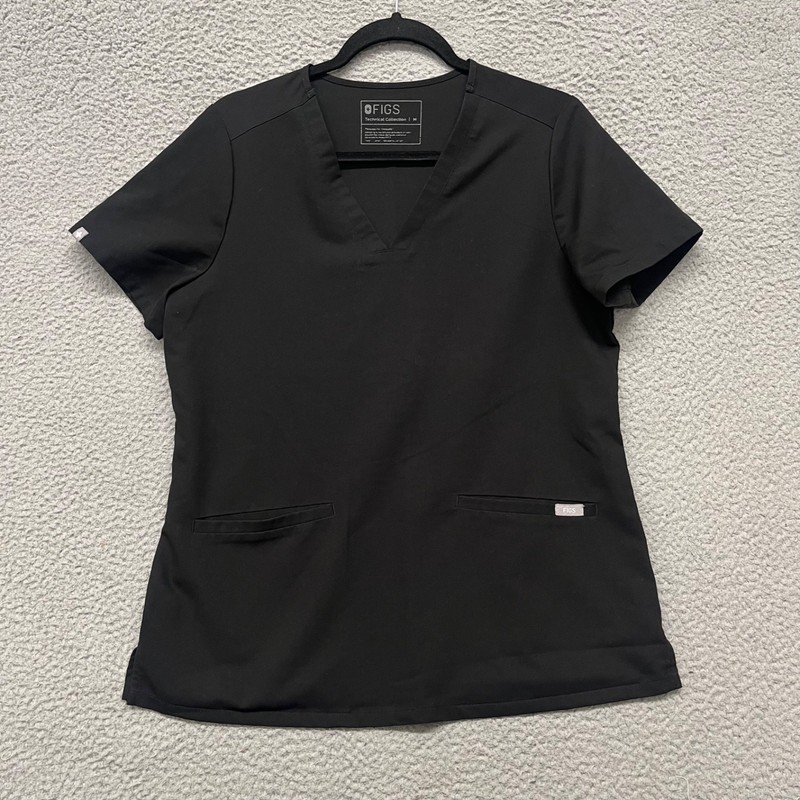 Figs Scrub Top Womens M Black Medical Nursing Work Wear Comfort Technical