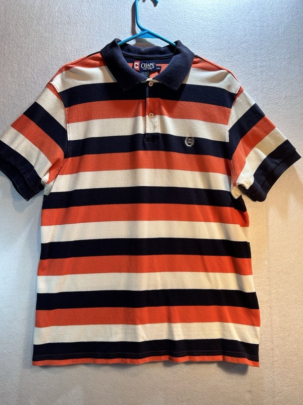 Chaps Men’s Polo Shirt L Striped Navy Orange White Cotton Knit Short Sleeve