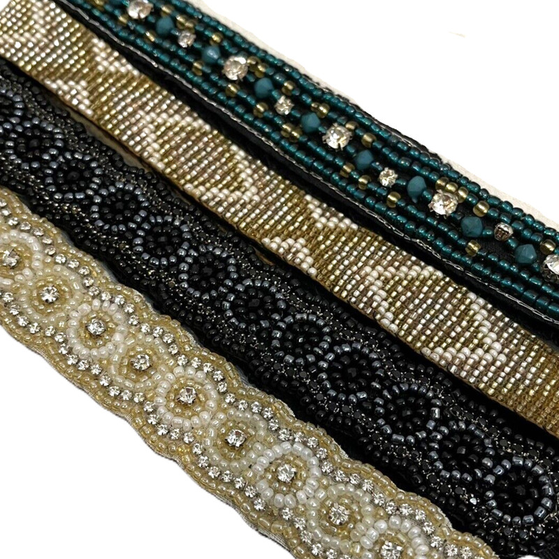 Beaded Rhinestone Hairband Head Band Lot 4 Banded Elastic Black Pearl Gold Teal