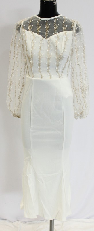 SHEIN Women’s Modely Solid Color Round Neck Mesh Patchwork Dress AW5 White Small