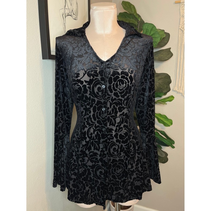Burnout Velvet Floral Top Black Sheer Bell Sleeve Button Down Blouse