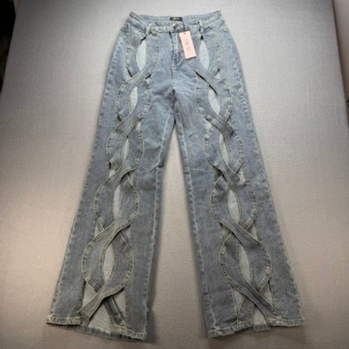 MICAS Jeans Wide Leg Cut Out Strappy Baggy Medium Blue Denim Size M Festival NWT