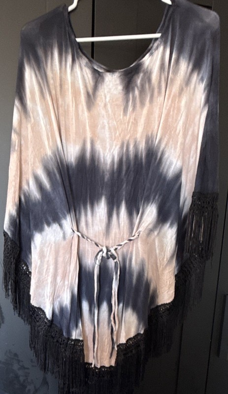 LIV Los Angeles Black Gray White Tie-Dye Fringe Tie Kimono Top XS