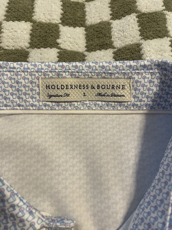 Holderness & Bourne Signature Fit Men's L White/Blue Geometric Polo Shirt gallery